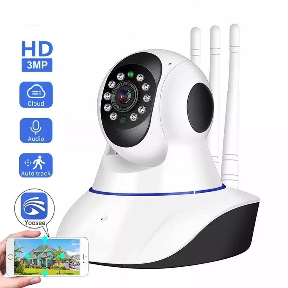 Câmera de segurança IP Wifi 3 antenas com visão noturna e slot SD