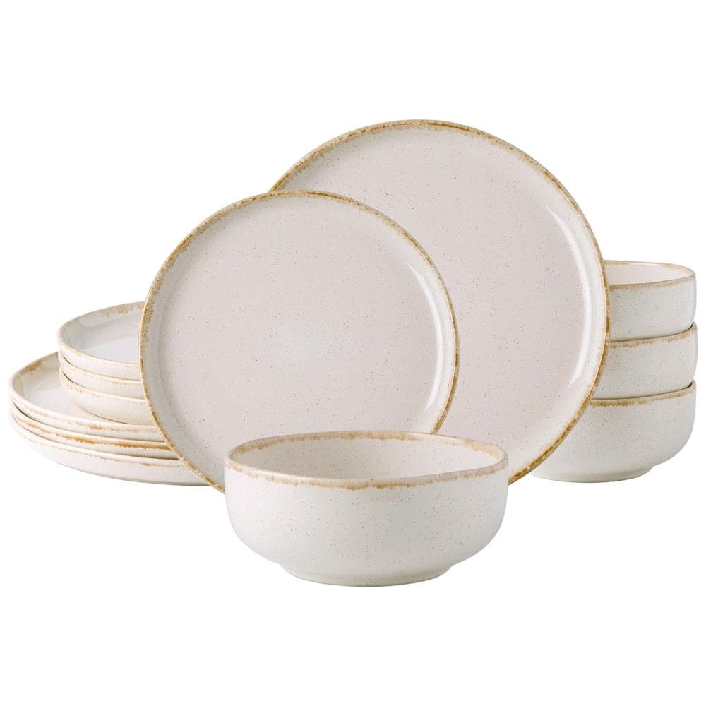 Aparelho de Jantar de Cerâmica AmorArc, Com Bordas Onduladas, Pratos e Tigelas de Pedra, Resistente a Rachaduras e Chips, Conjunto de Louças