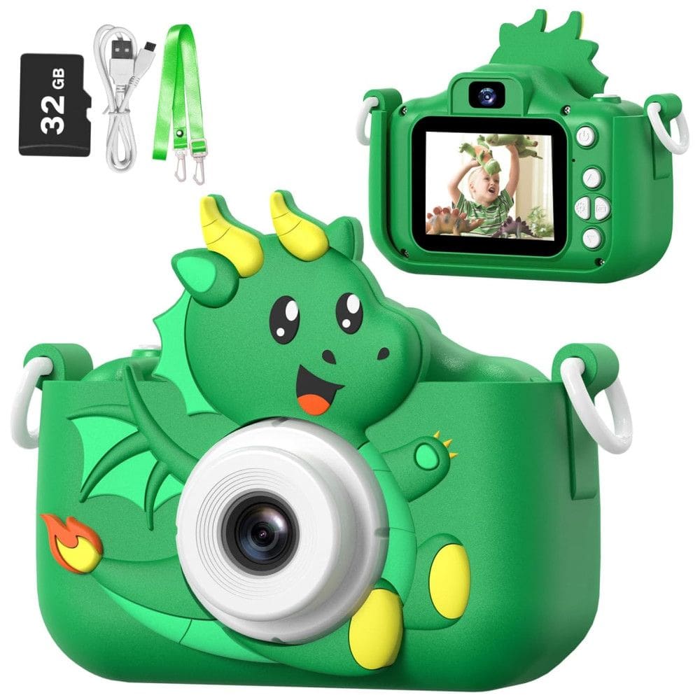 Câmera Selfie Infantil Goopow verde para meninas/meninos de 3 a 9 anos, digital com capa protetora e cartão SD 32GB incluso, 11 x 19 x 3 cm
