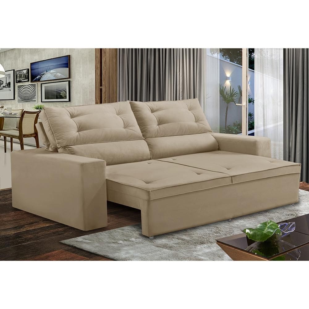 Sofá Retrátil e Reclinável 3 lugares com Molas 2,00m Laisa Suede Bege Madelina Decor