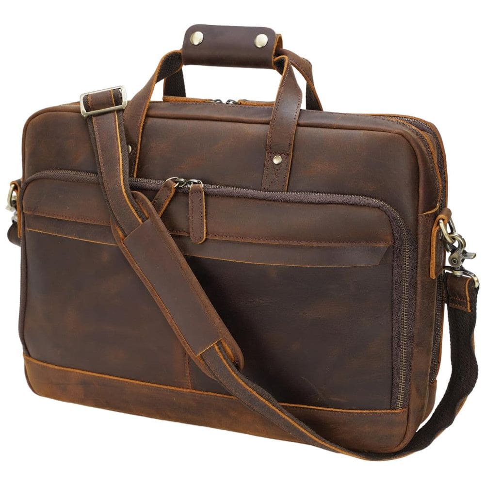 Bolsa Carteiro Masculina de Couro Grão Integral para Laptop com 17 Polegadas, Masa Kawa, Marrom