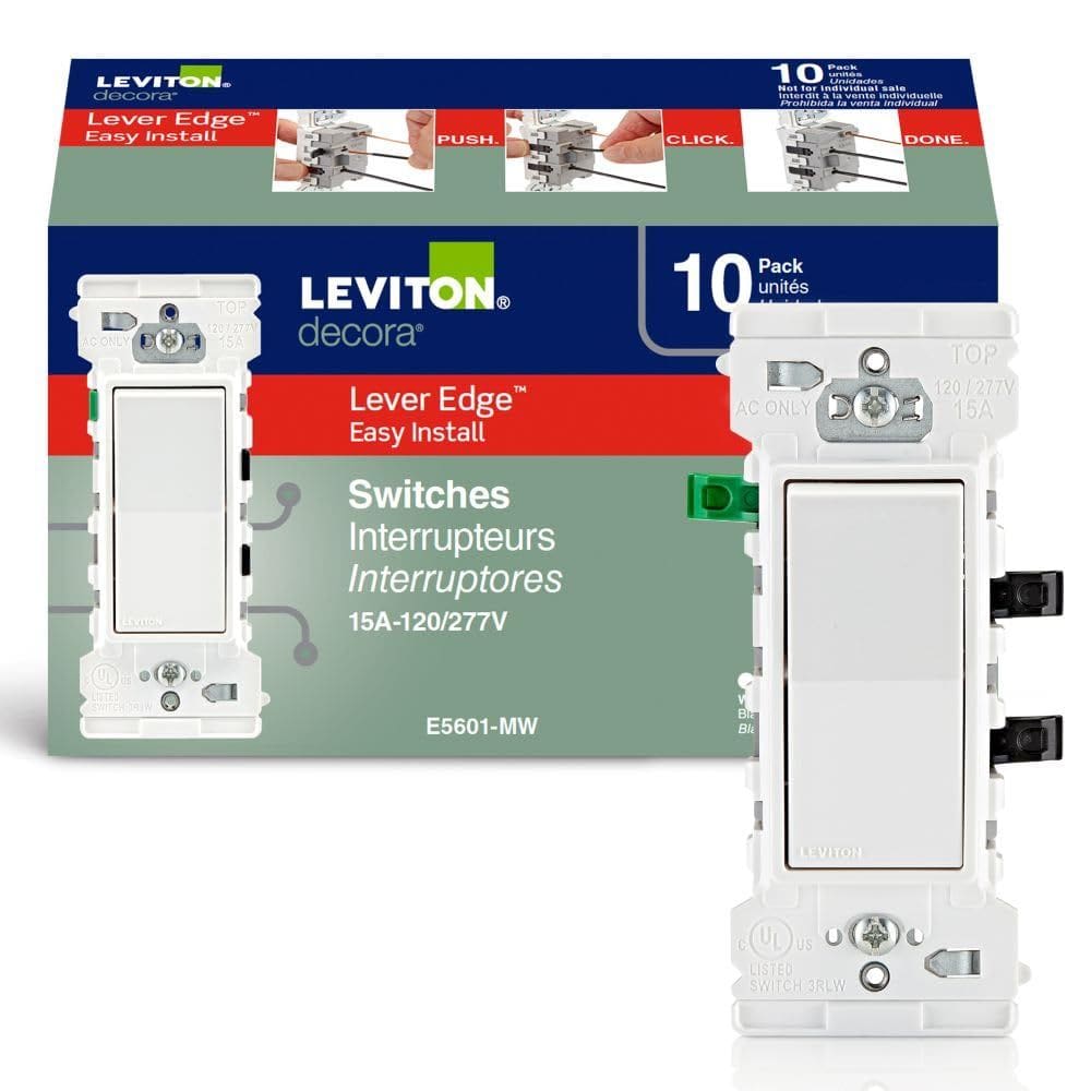 Rocker Switch Leviton Lever Edge 15A de polo único, pacote com 10 unidades, branco