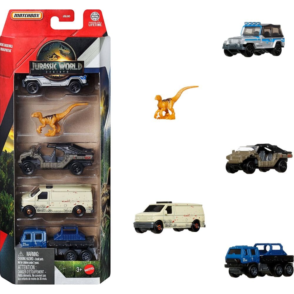 Toy Cars, pacote com 5 Matchbox Jurassic World com 4 veículos e 1 dinossauro