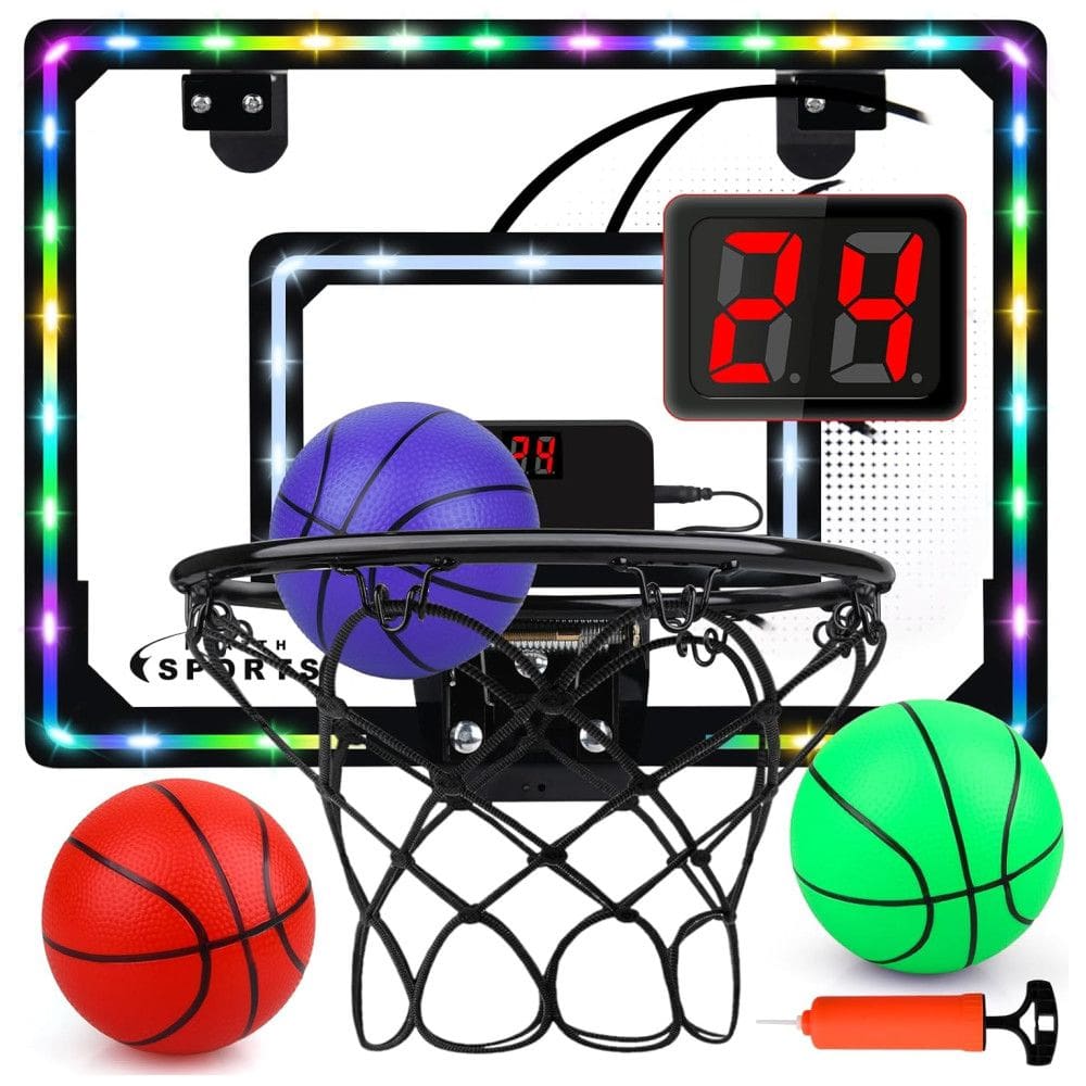 Cesta de Basquete com 3 Bolas, Placar Eletrônico, Luzes LED e 3 Modos de Jogo, Ideal para Crianças e Adolescentes, Biulotter, Preto