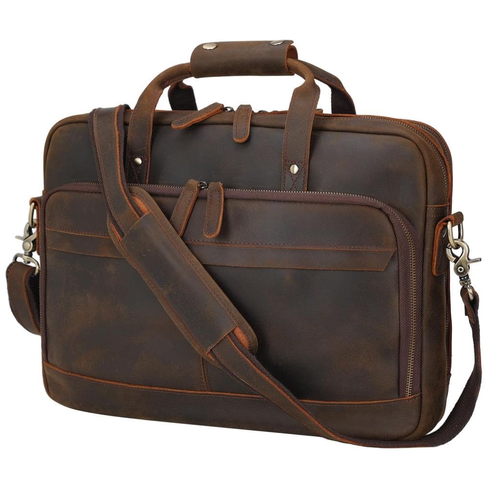 Bolsa Carteiro Masculina de Couro Grão Integral para Laptop com 15 Polegadas, Masa Kawa, Marrom Profundo