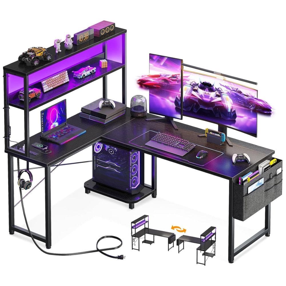 Mesa Gamer em Formato de L, 53” 134 cm com Luz LED, Tomadas, Suporte para CPU, Gancho para Fone de Ouvido e Bolsa de Armazenamento, 110V