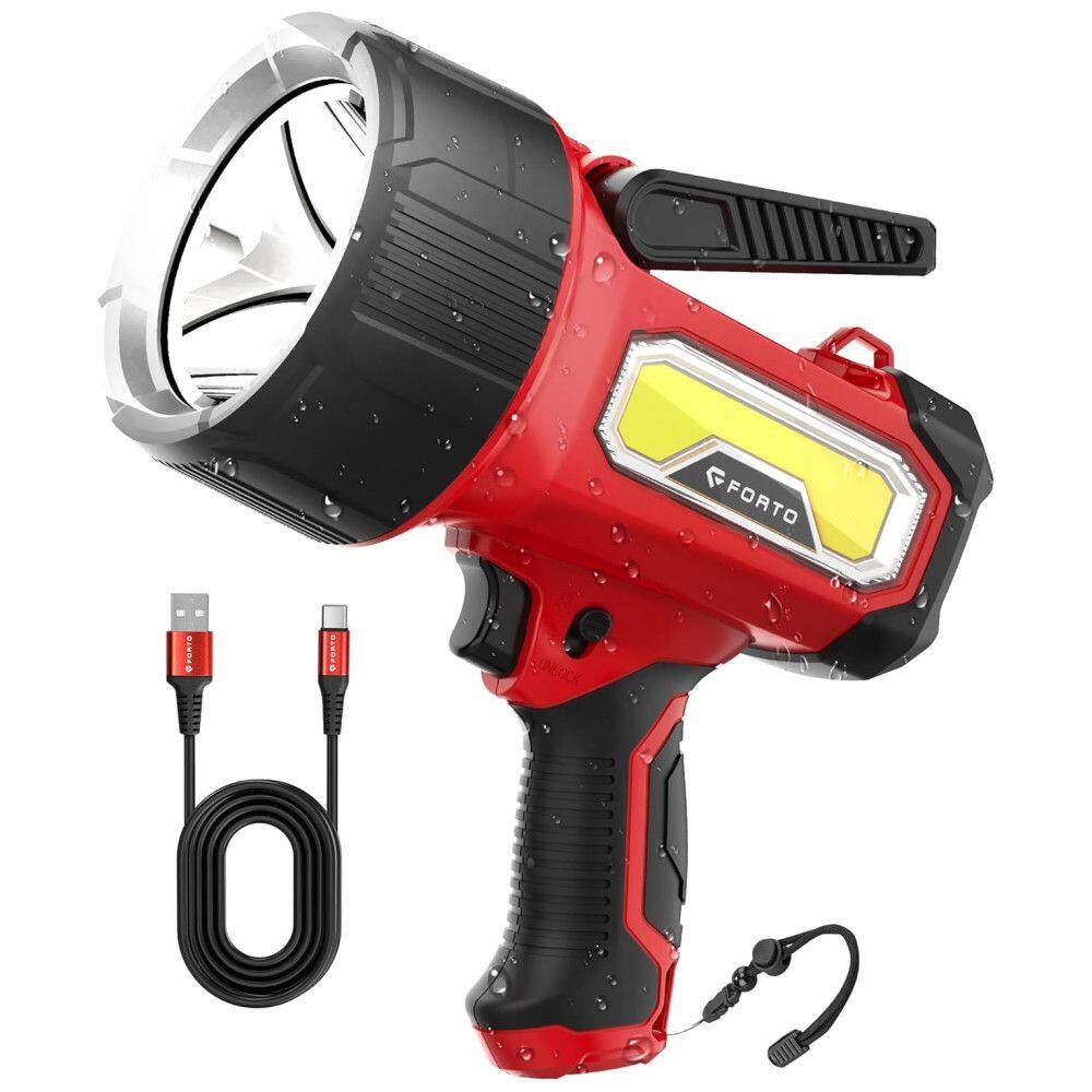 Lanterna de Mão Recarregável FORTO com 2000 Lumens, Suporte Dobrável e 6 Modos de Luz - Ideal para Barcos, Caça e Trilhas