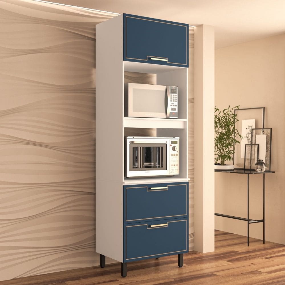 Paneleiro Torre Quente 70cm 2 portas basculantes 1 gaveta Amara Branco Azul Politorno Móveis