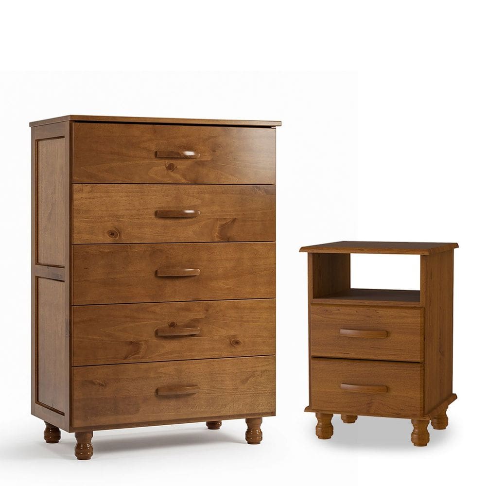 Kit Cômoda 5 Gavetas e Mesa de Cabeceira 100% Madeira Maciça