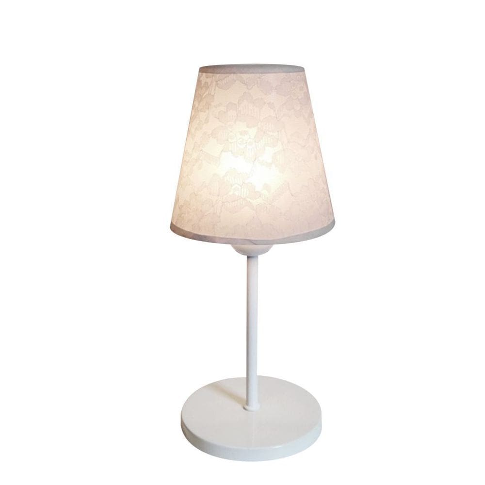 Abajur de Mesa Md-2005 Base Aluminio Branco Cúpula em Tecido Cone Branco Renda - Bivolt