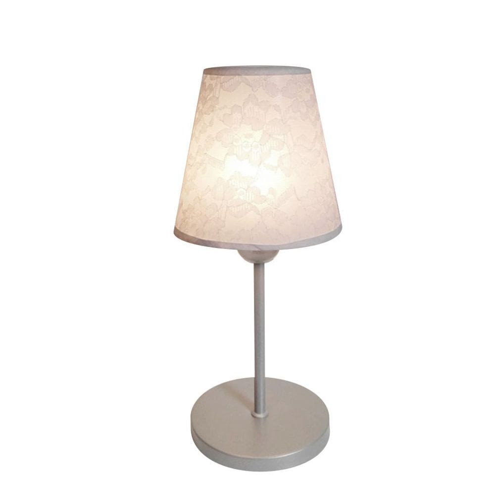 Abajur de Mesa Md-2005 Base Alumínio Cinza Cúpula em Tecido Cone Renda Branco - Bivolt