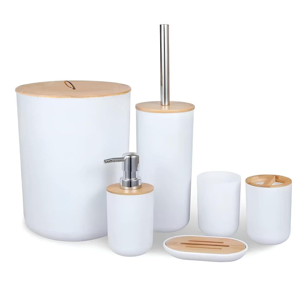 Kit Banheiro 6Pcs Bco Plastico Pp E Bambu F0484