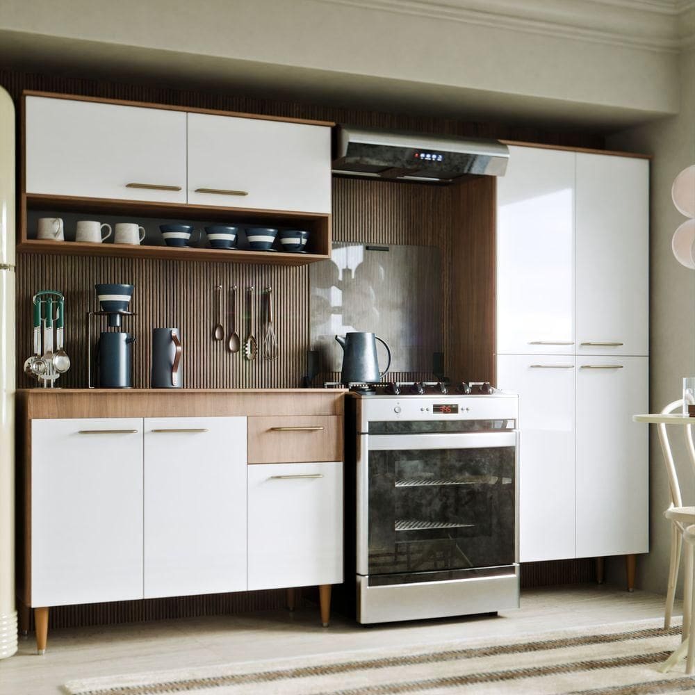 Armário De Cozinha Antonella Com 9 Portas E 1 Gaveta Paneleiro Carvalho Branco - Maxi Do