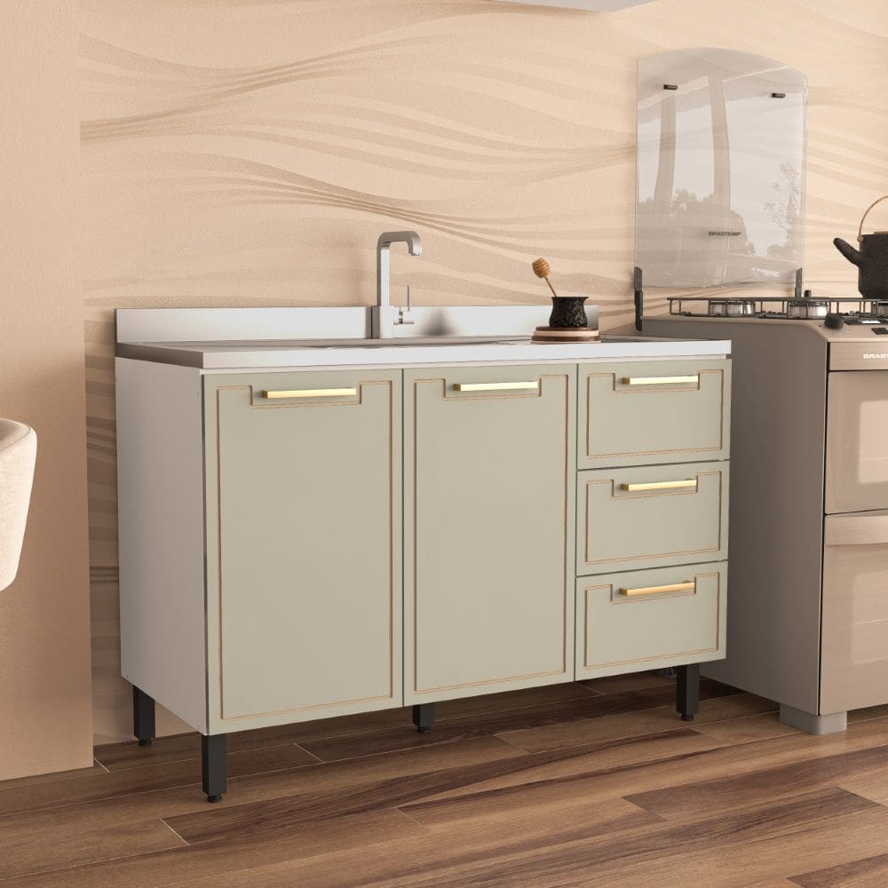 Balcão para Pia 120cm 2 portas 3 gavetas Amara Branco Verde Politorno Móveis