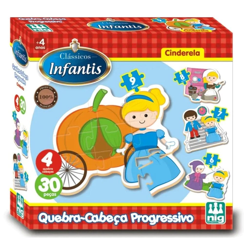 Quebra Cabeça Progressivo Cinderela 30 Peças Em Madeira - Nig 0430