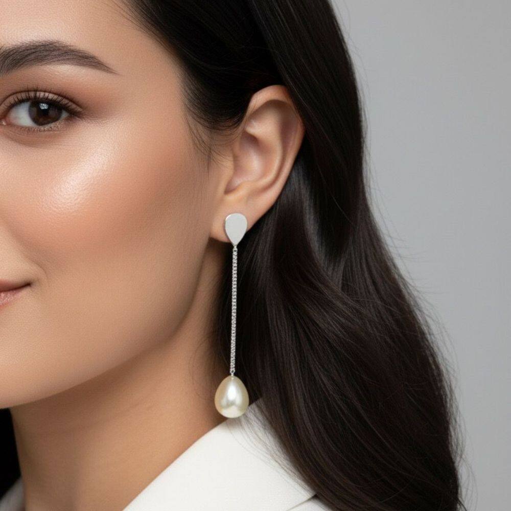 Brinco Gota De Pérola Pendurada Banhado a Prata