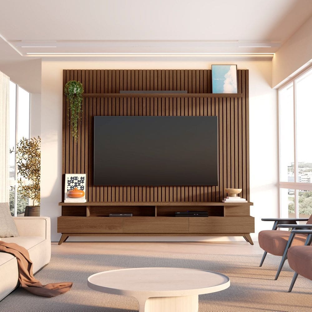 Rack com Painel Ripado para Tv até 85 Polegadas 230x250cm 100% Mdf Yucca Cabecasa Madeiraoriginals Cedro