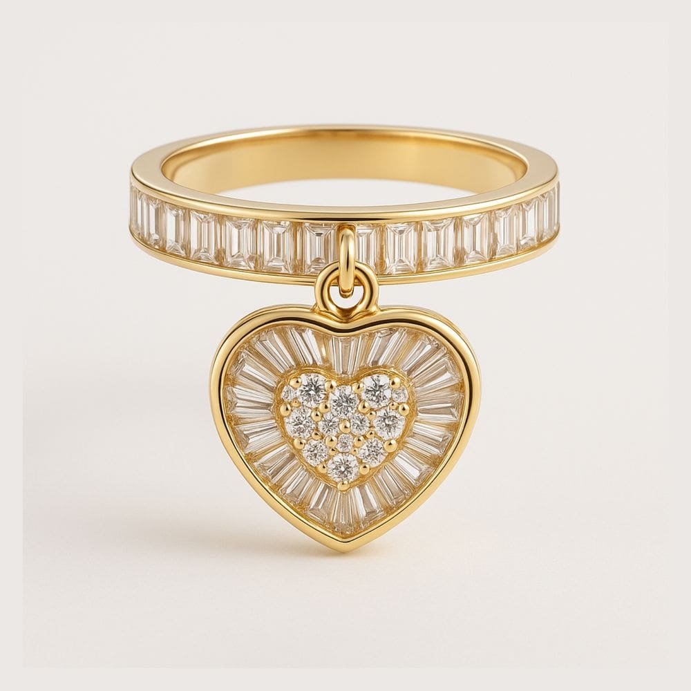 Anel Pingente de Coração Navetes Cristal Banhado a Ouro