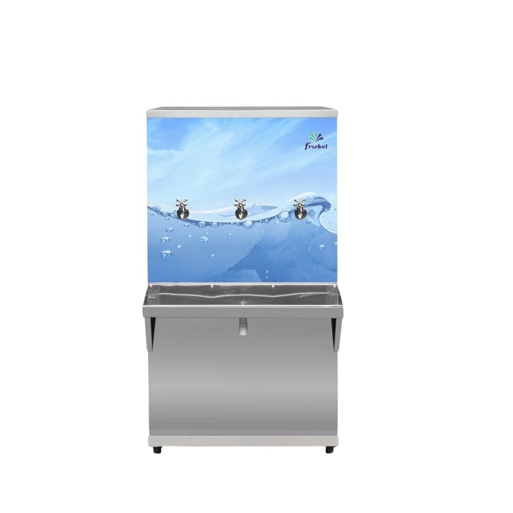 Resfriador de Água Industrial Adesivado Com Compressor Frisbel 100 Litros RA10 com 3 Torneiras Alta Vazão, Termostato 7 Níveis e Filtro Completo