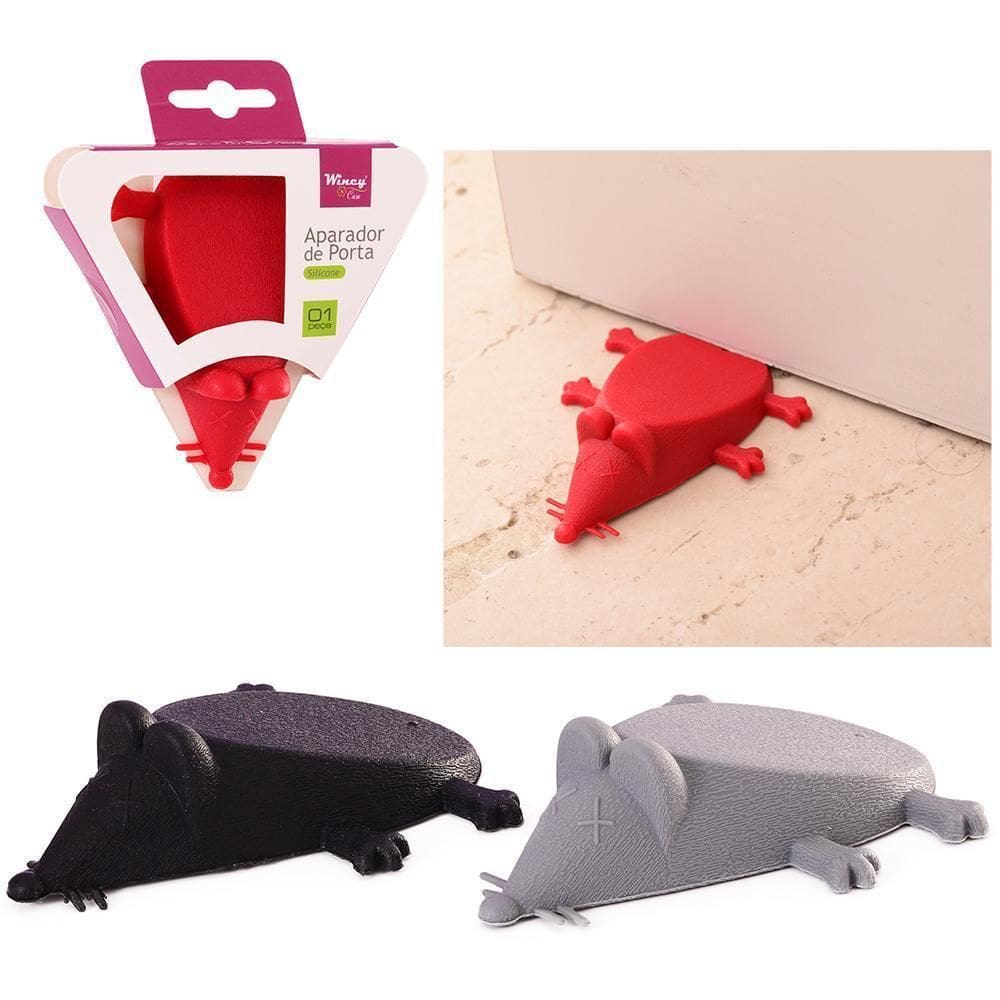 Aparador / Trava Porta Silicone Rato Vermelho /Preto 9,5X7,4