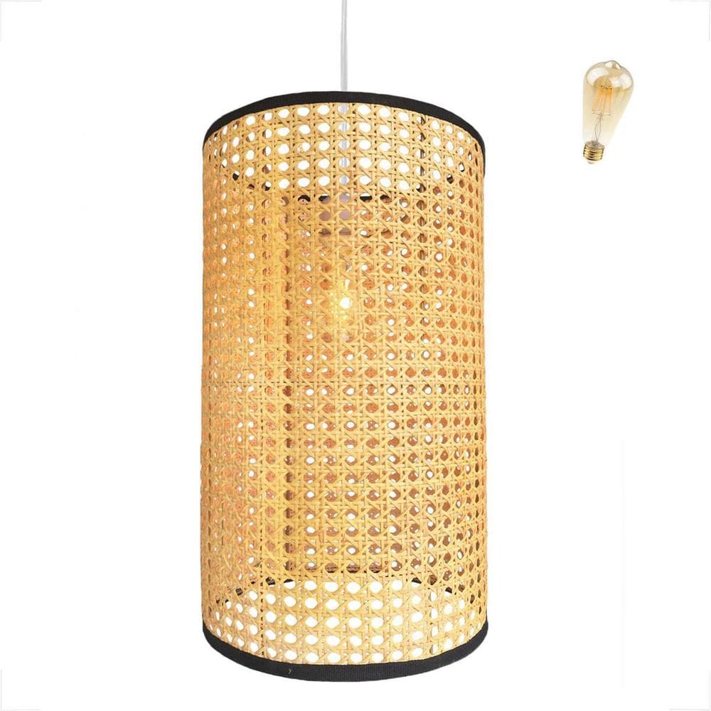 Pendente Palha Indiana Tela Fibra Artesanal Sala Nat84 + Led