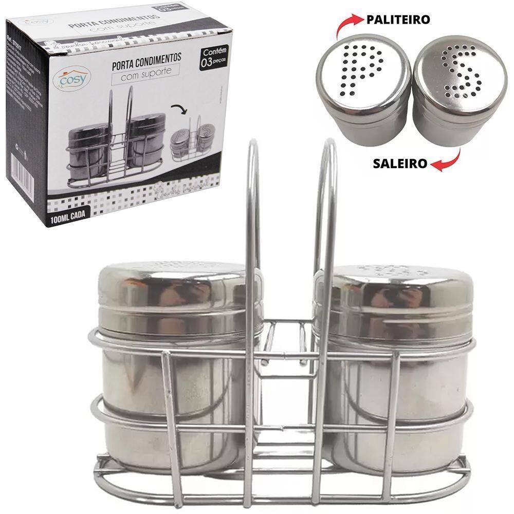 Porta Condimento Inox 2 Peca 100Ml + Suporte Aramado Cromado