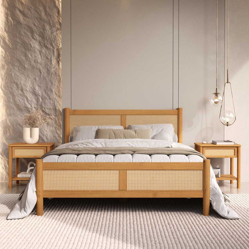 Cama Casal Padrão 140 x 190 cm Cabeceira de Palhinha Madeira Freijó Cefira