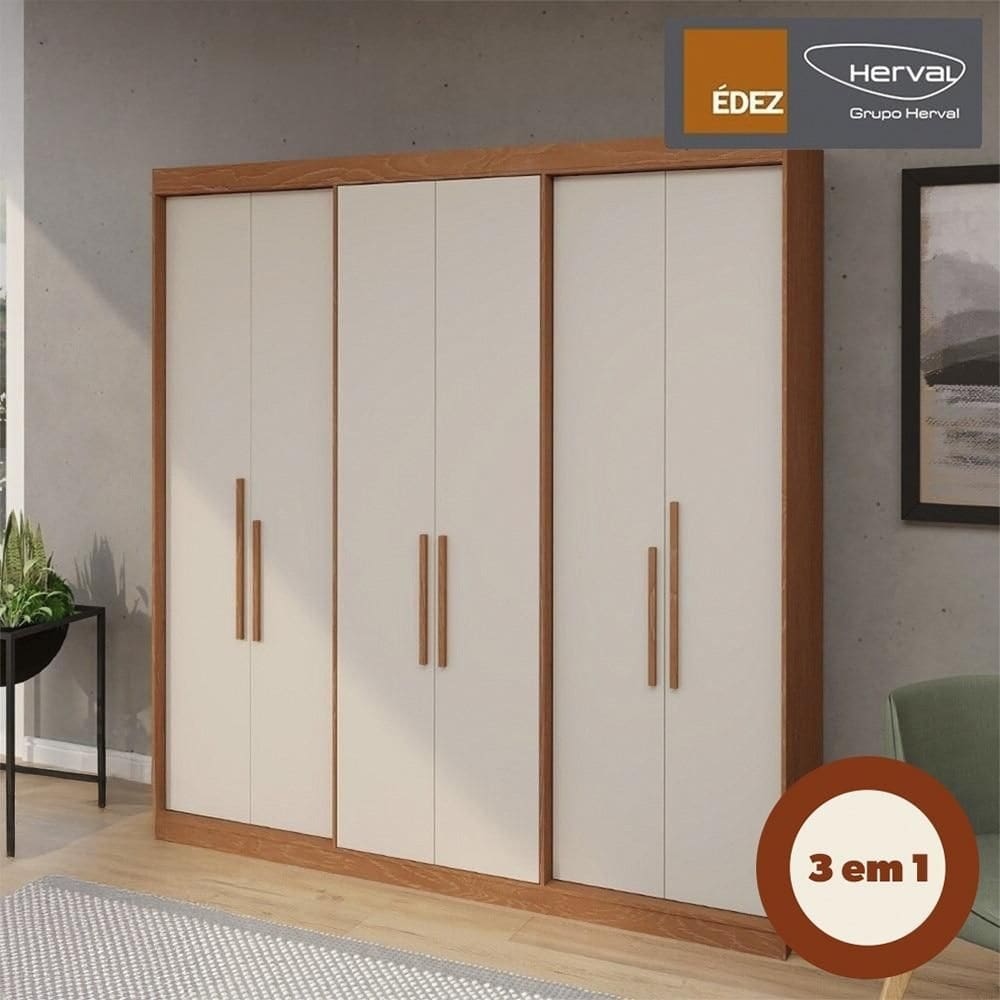 Guarda-Roupa Casal 100% MDF Édez Elan, 6 Portas de Bater, Carvalho Vermont e Off White, 206 cm