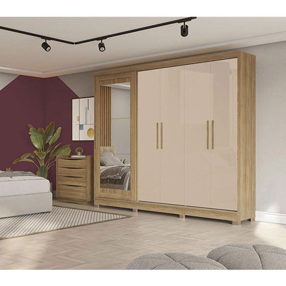 Guarda-Roupa Casal Kappesberg CB01N564, 4 Portas de Bater e 1 Porta de Correr com Espelho, Nogueira Macadâmia, 245 cm