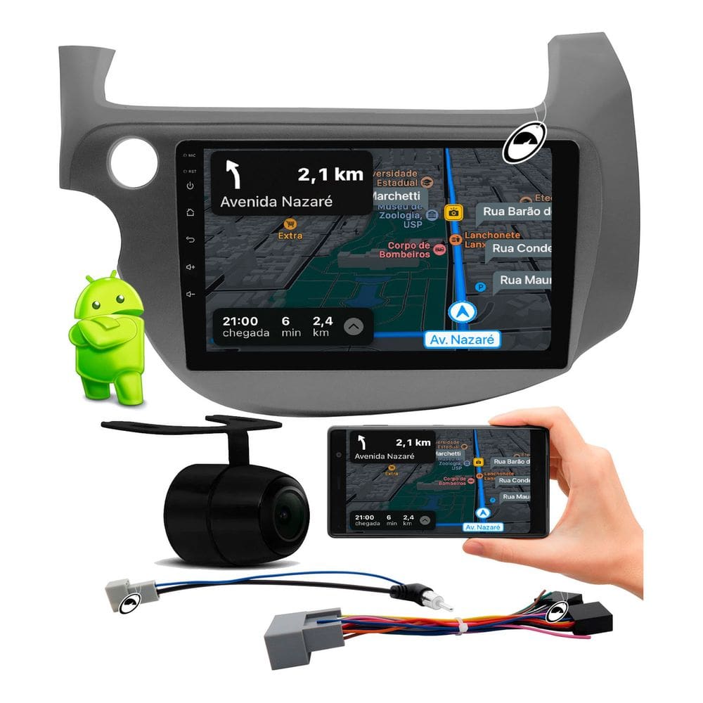 Multimidia 2 Din 9 Android Fit 2009 Até 2014 Android Auto Car Play Sem Fio + Câmera Ré