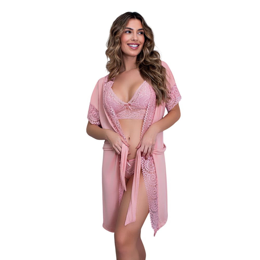 Robe de Luxo Microfibra Com Renda Hobby Roupão Roupa de Dormir com Cinto Lingerie Sexy para Noite Especial Manga Curta