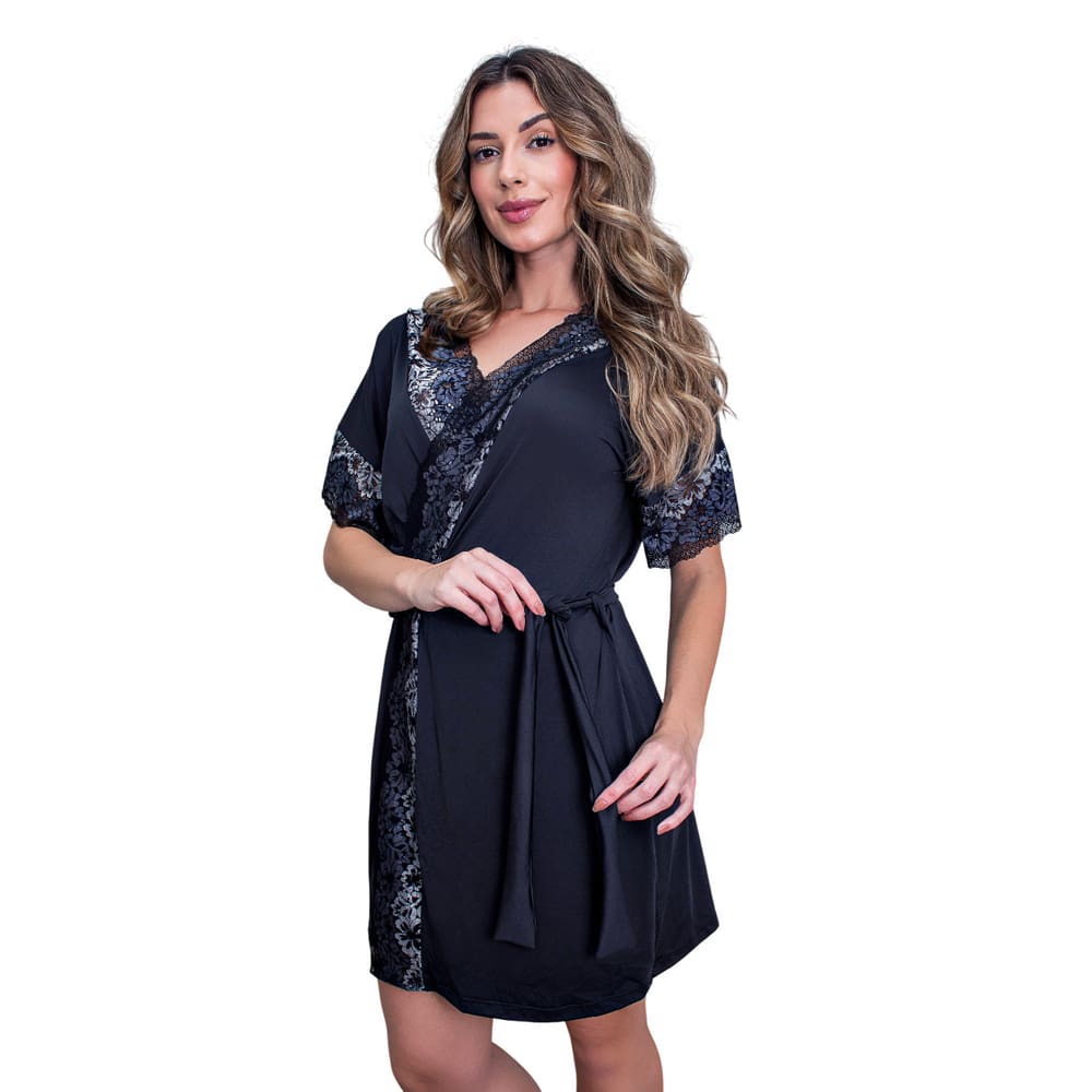 Robe de Luxo Microfibra Com Renda Hobby Roupão Roupa de Dormir com Cinto Lingerie Sexy para Noite Especial Manga Curta- PRETO