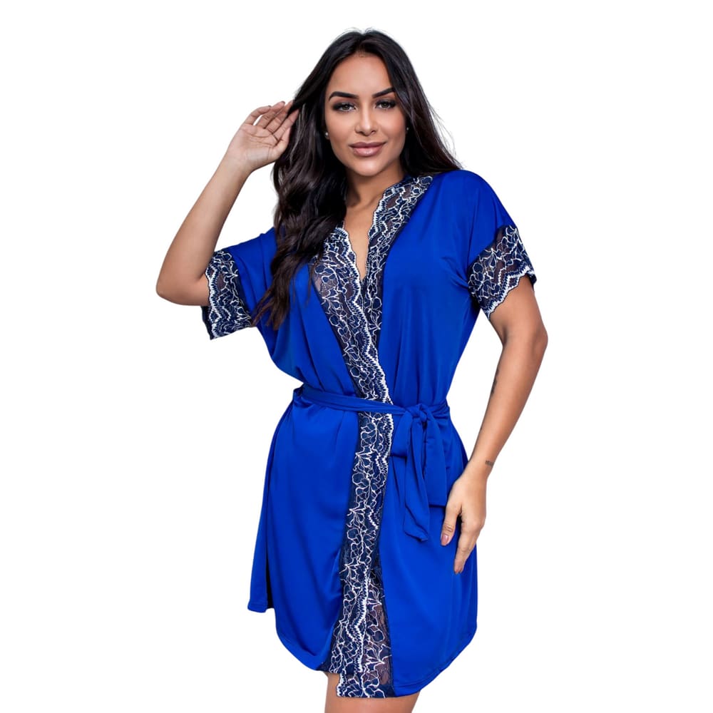 Robe de Luxo Microfibra Com Renda Hobby Roupão Roupa de Dormir com Cinto Lingerie Sexy para Noite Especial Manga Curta - AZUL ROYAL