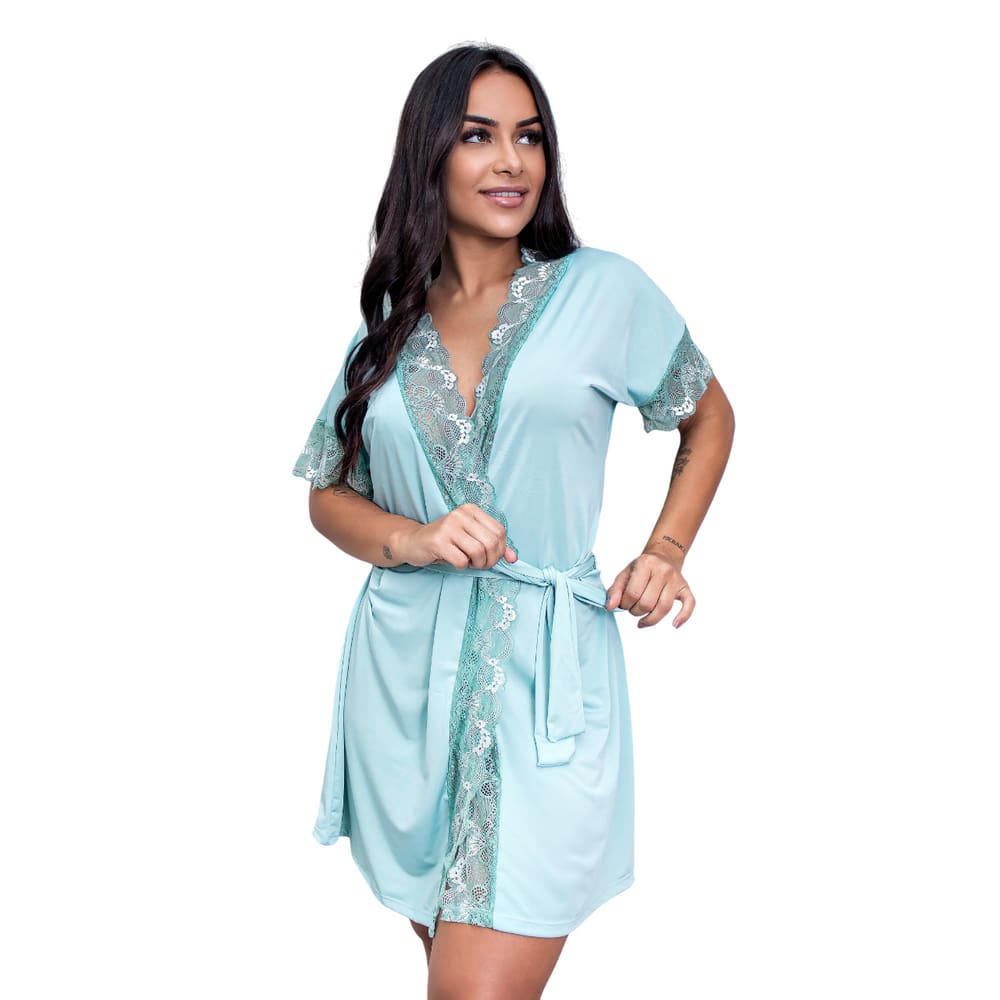 Robe de Luxo Microfibra Com Renda Hobby Roupão Roupa de Dormir com Cinto Lingerie Sexy para Noite Especial Manga Curta- VERDE