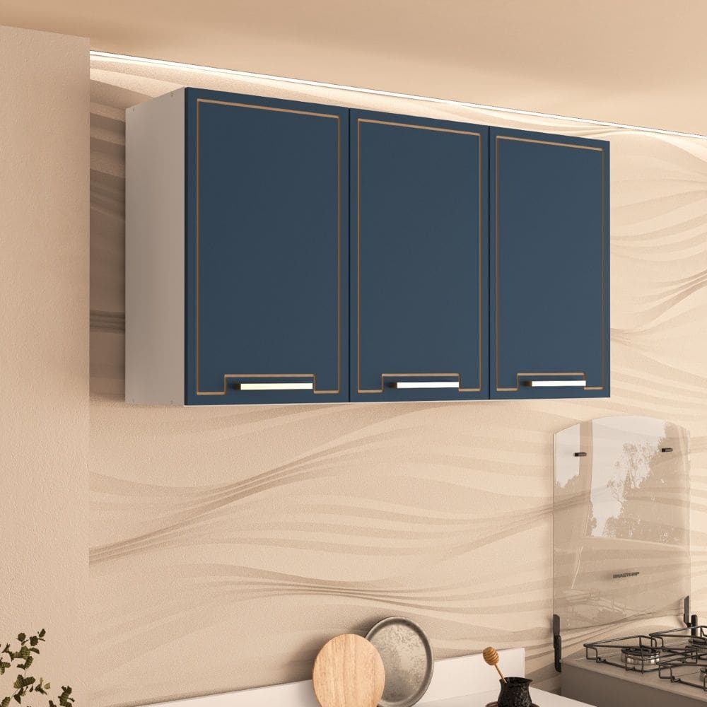 Armário Aéreo 120cm 3 portas Amara Branco Azul Politorno Móveis