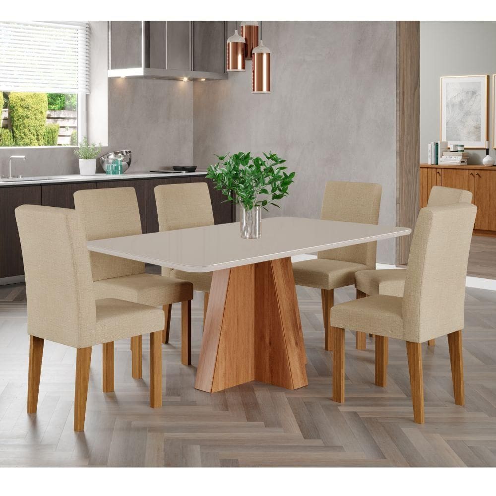 Mesa de Jantar 6 Cadeiras Tampo de Vidro Cinamomo/Off White Maitê Cimol