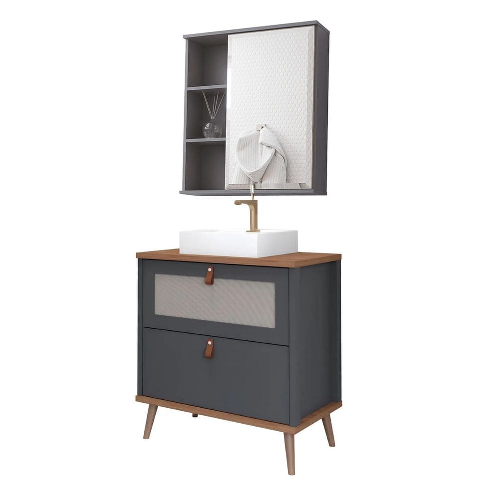 Armário Banheiro 60Cm Mdf Titanium Com Espelehira E Cuba