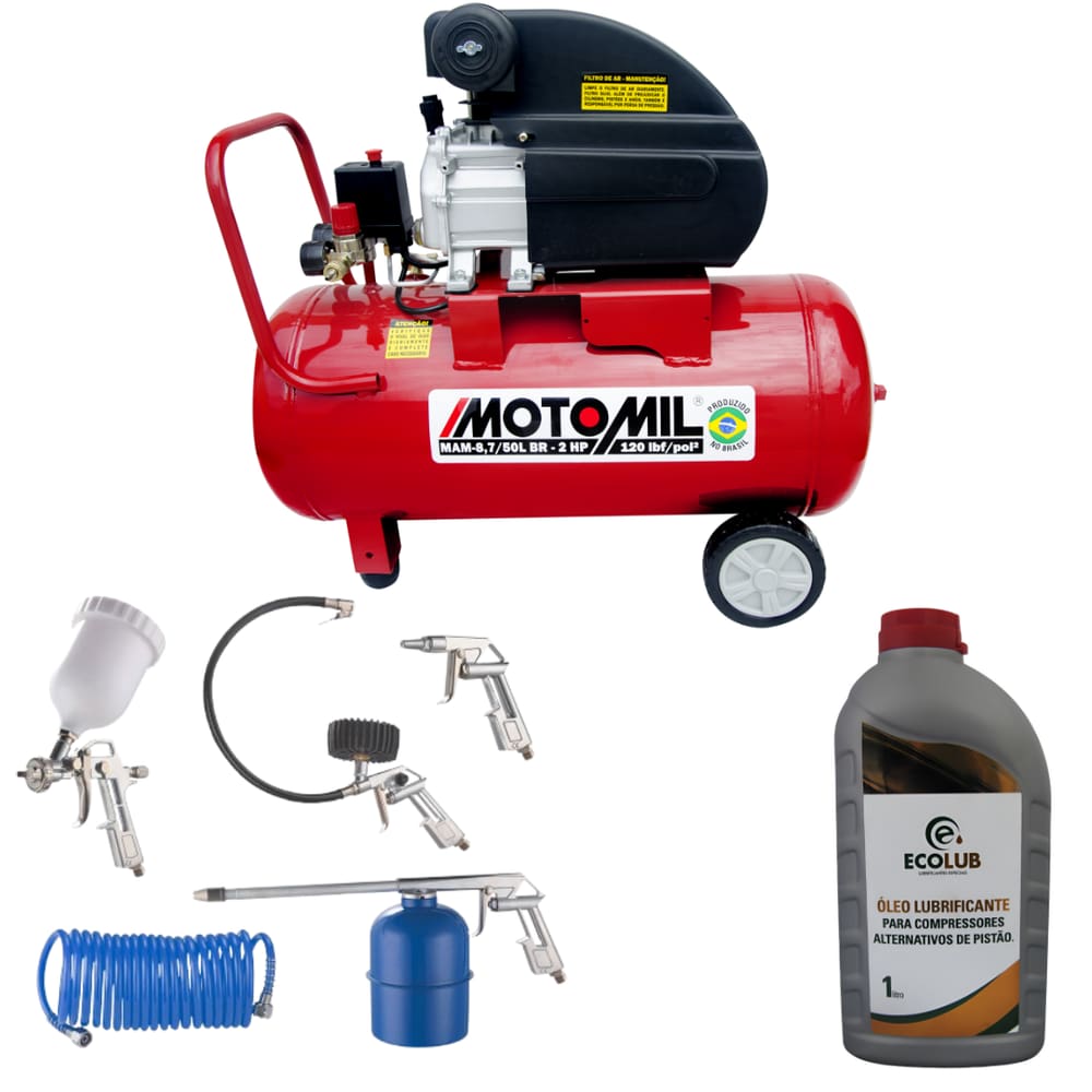 Kit Motocompressor de Ar MAM-8,7/50BR 8,7 Pés/min 2HP 50L 220V MOTOMIL com Caneca de Pintura + Óleo para Compressor