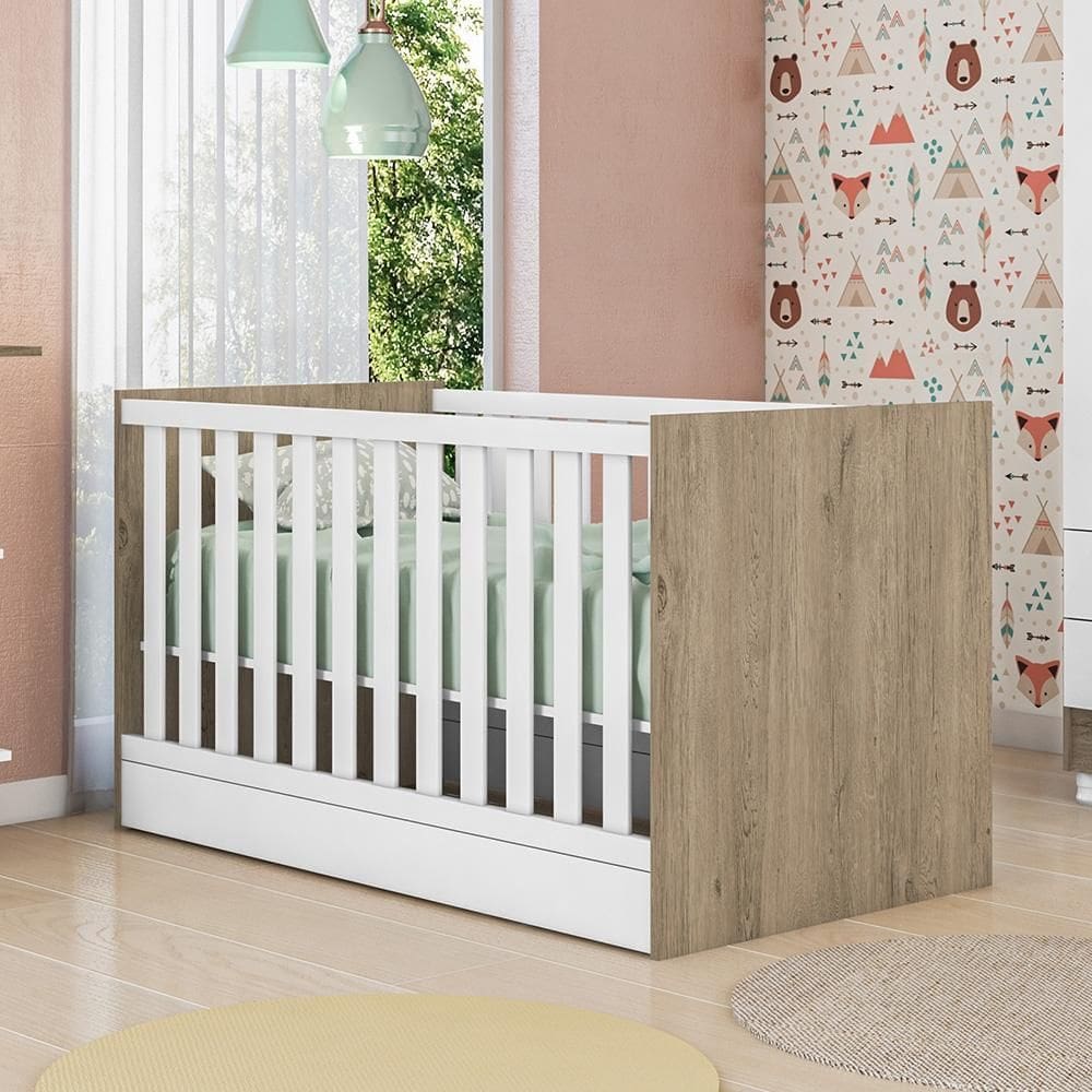 Berço Mini Cama Aurora Grades Laterias Carvalho Rústico/Branco