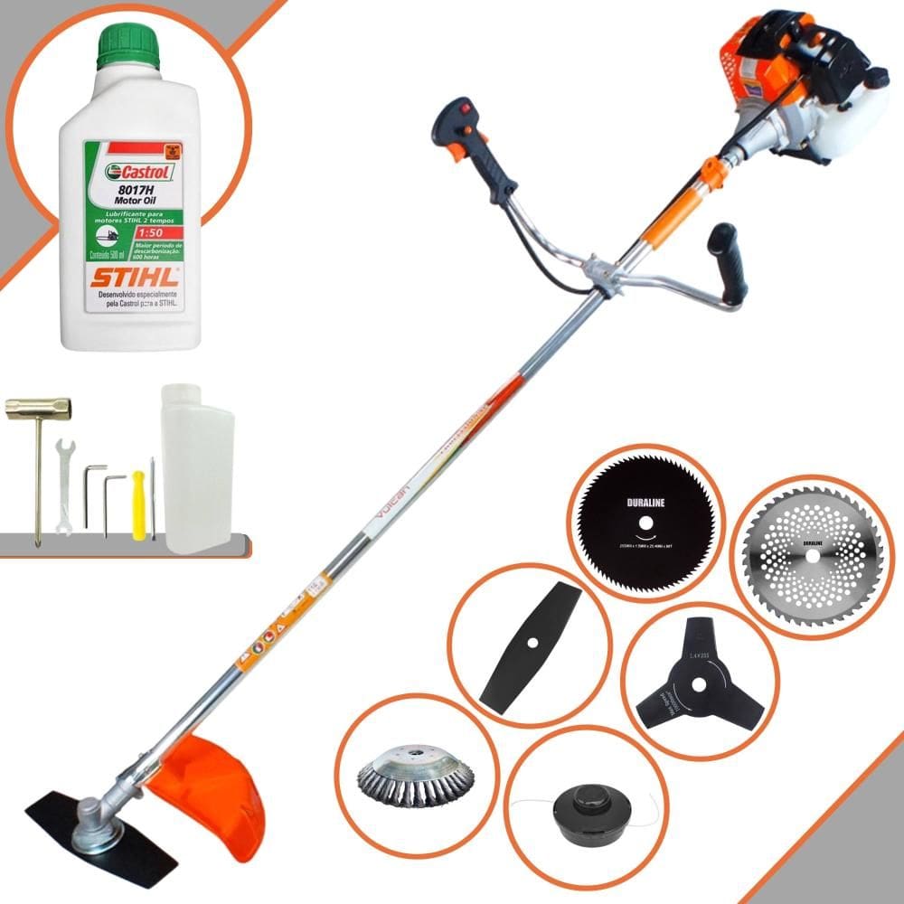 Roçadeira Vulcan VR430S 43cc Com Carretel de Nylon e Lâmina Facão + Lâmina 3 Pontas + Lâmina 40 Dentes + Lâmina 80 Dentes + Escova de Aço + ÓLEO STIHL