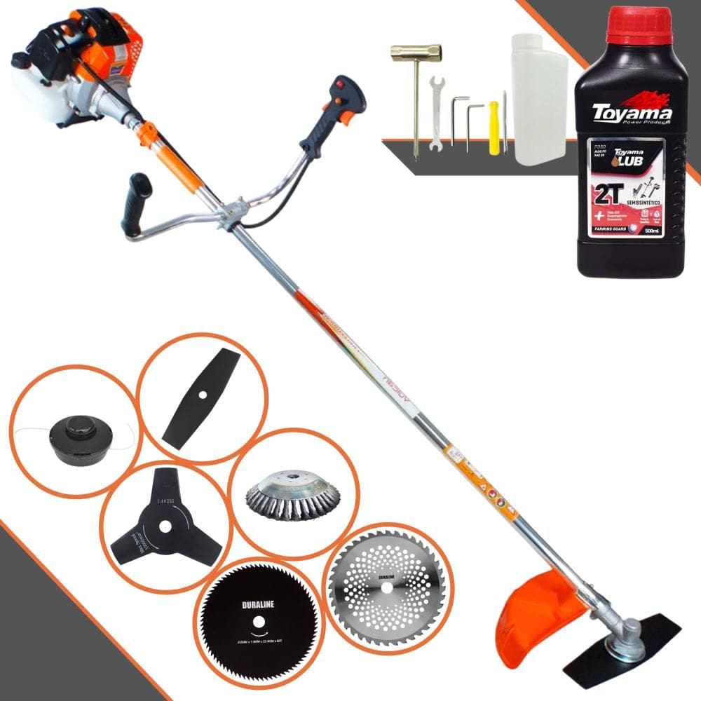 Roçadeira Vulcan VR430S 43cc 1,7HP Com Carretel e Faca 2 Pontas + Faca 3 Pontas + Faca 40 Dentes Vídea + Faca 80 Dentes + Escova de Aço + ÓLEO TOYAMA