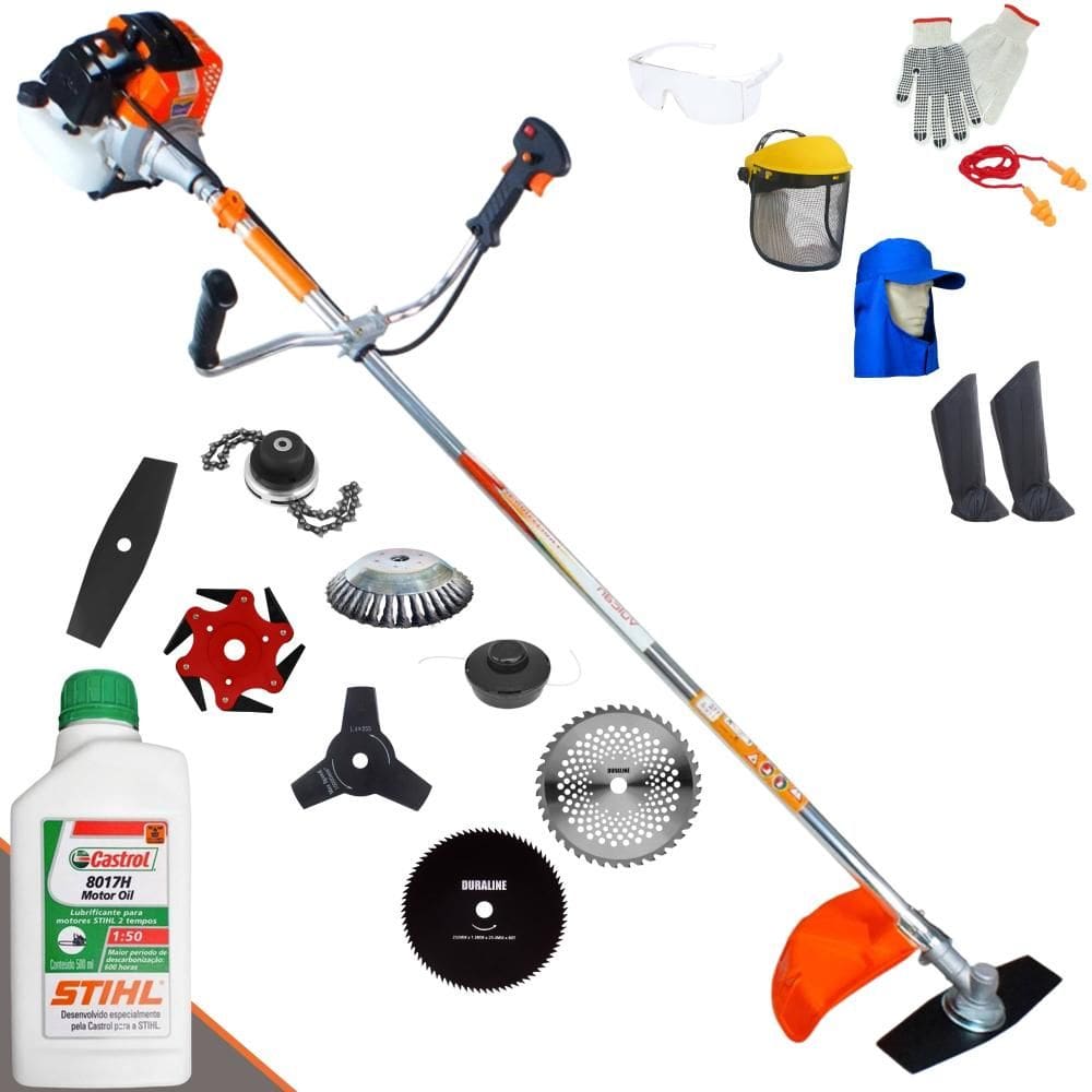 Roçadeira Vulcan VR430S 43cc Com Carretel + Facas 2 Pontas, 3 Pontas, 6 Pontas, 40 Dentes Vídea, 80 Dentes, Trimmer e Escova de Aço + EPI + ÓLEO STIHL