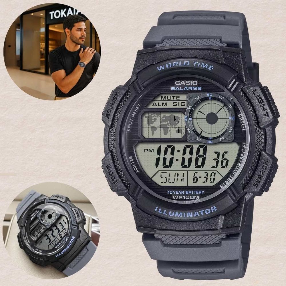 Relógio Casio Masculino Digital World Time Verde AE-1000W-8AVDF Resina Esportiva Militar 100m LED Cronômetro