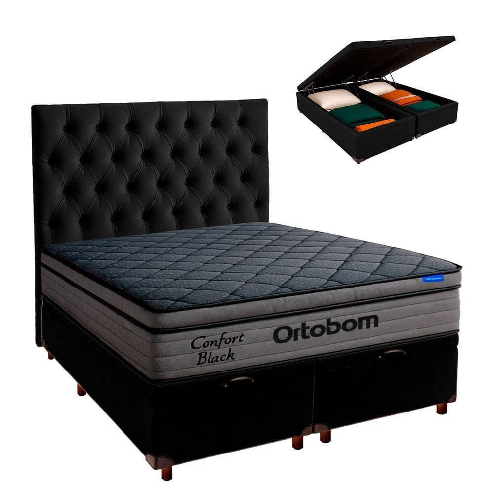 Baú Preto + Cabeceira + Colchão King Confort Black Ortobom