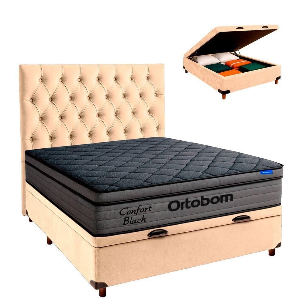 Baú Perola + Cabeceira + Colchão Casal Confort Black Ortobom