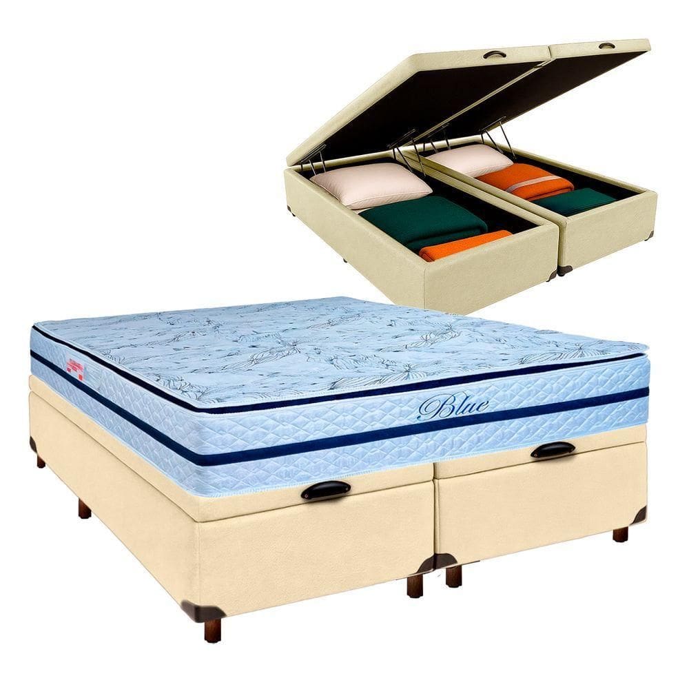 Cama + Bau Blindado E Colchão Molas Ensacadas Queen - Blue Paropas