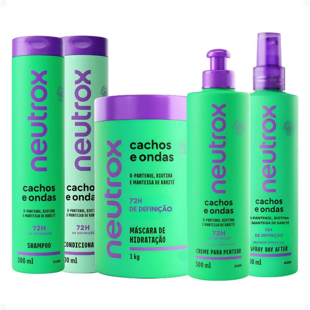 Kit Neutrox Cachos e Ondas: Shampoo, Condicionador 300ml, Máscara Capilar 1kg, Creme Para Pentear e Spray Day After 300ml