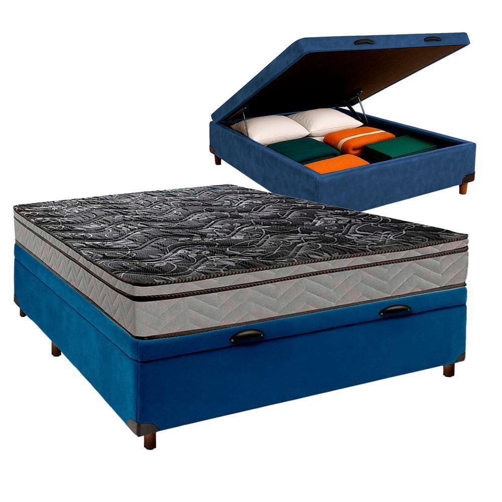 Conjunto Cama Box Bau Azul Casal + Colchão D28 Conforto Paropas