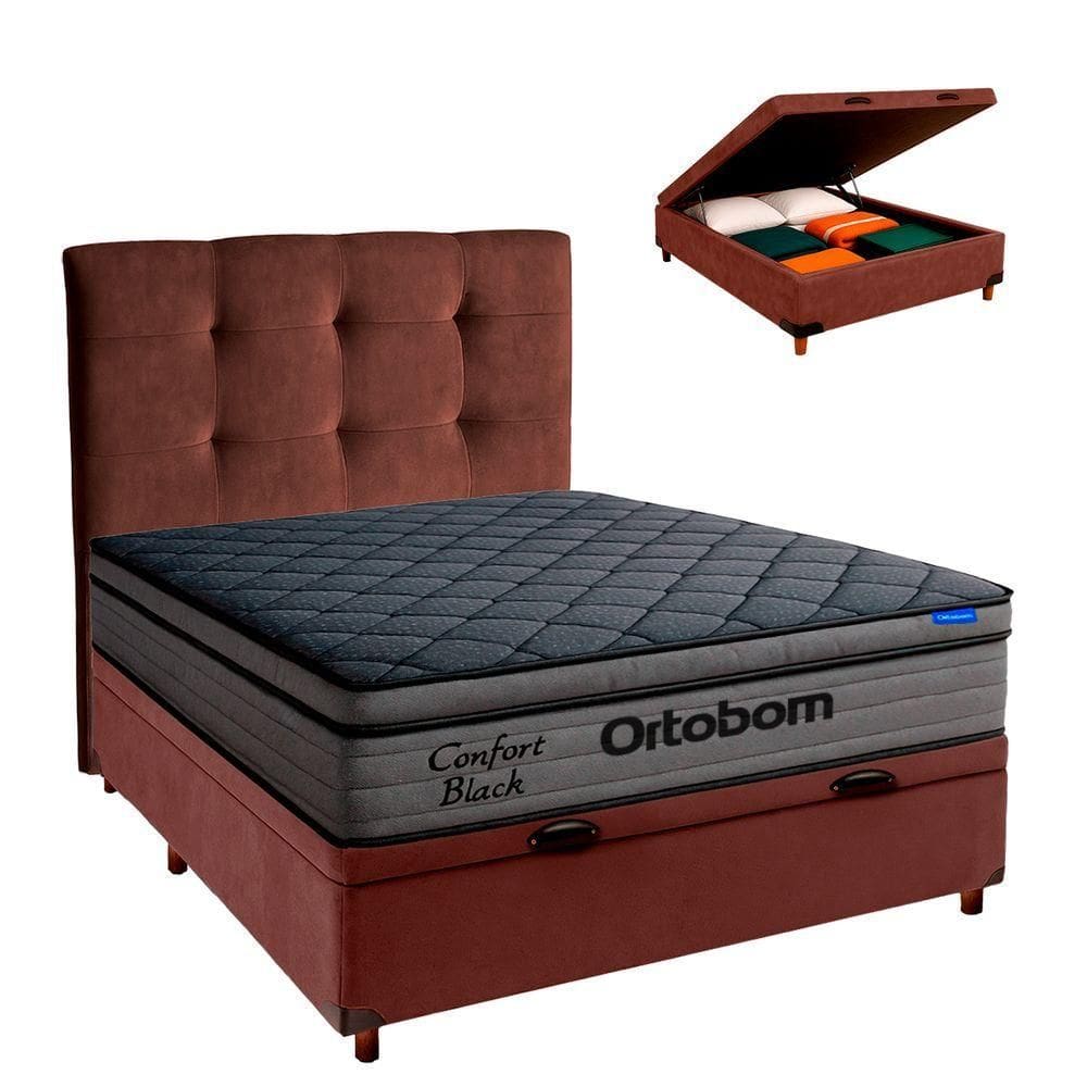 Baú Marrom + Cabeceira + Colchão Casal Confort Black Ortobom