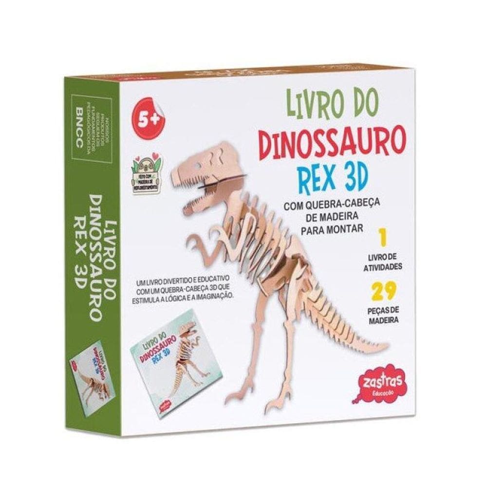 Livro Do Dinossauro T-Rex 3D Com Peças De Madeira
